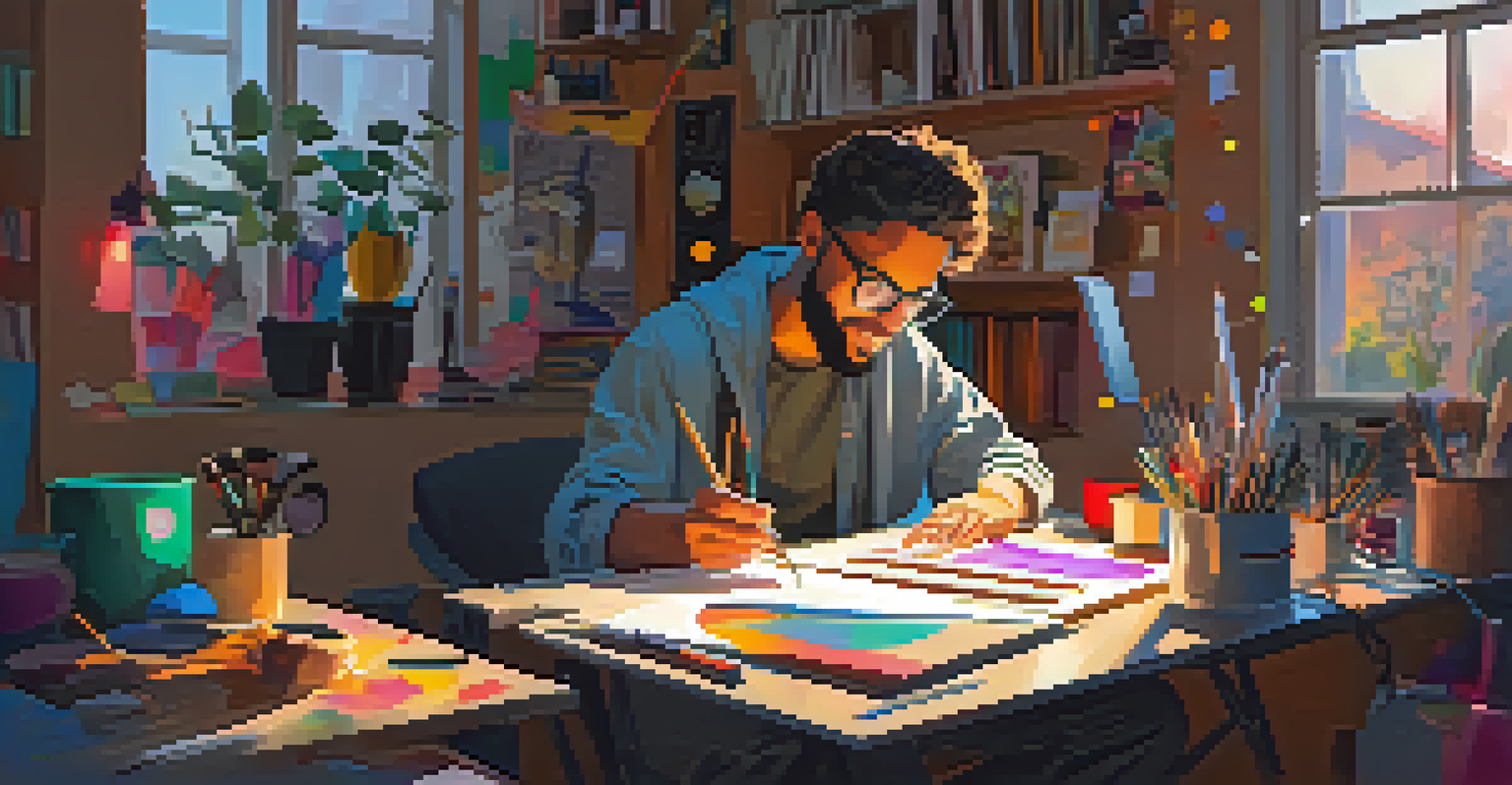 An artist in a cozy studio working on an animated NFT on a tablet, with natural light illuminating the space.