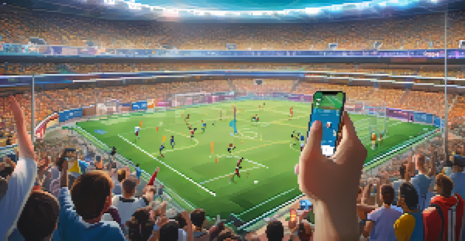 A sports fan interacting with a mobile app displaying gamified NFTs in a lively stadium atmosphere.