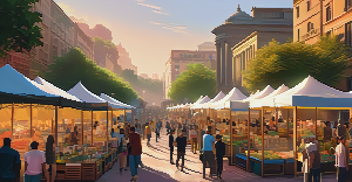 A lively art market with artists and collectors interacting, surrounded by colorful digital artworks and greenery, illuminated by sunset light.