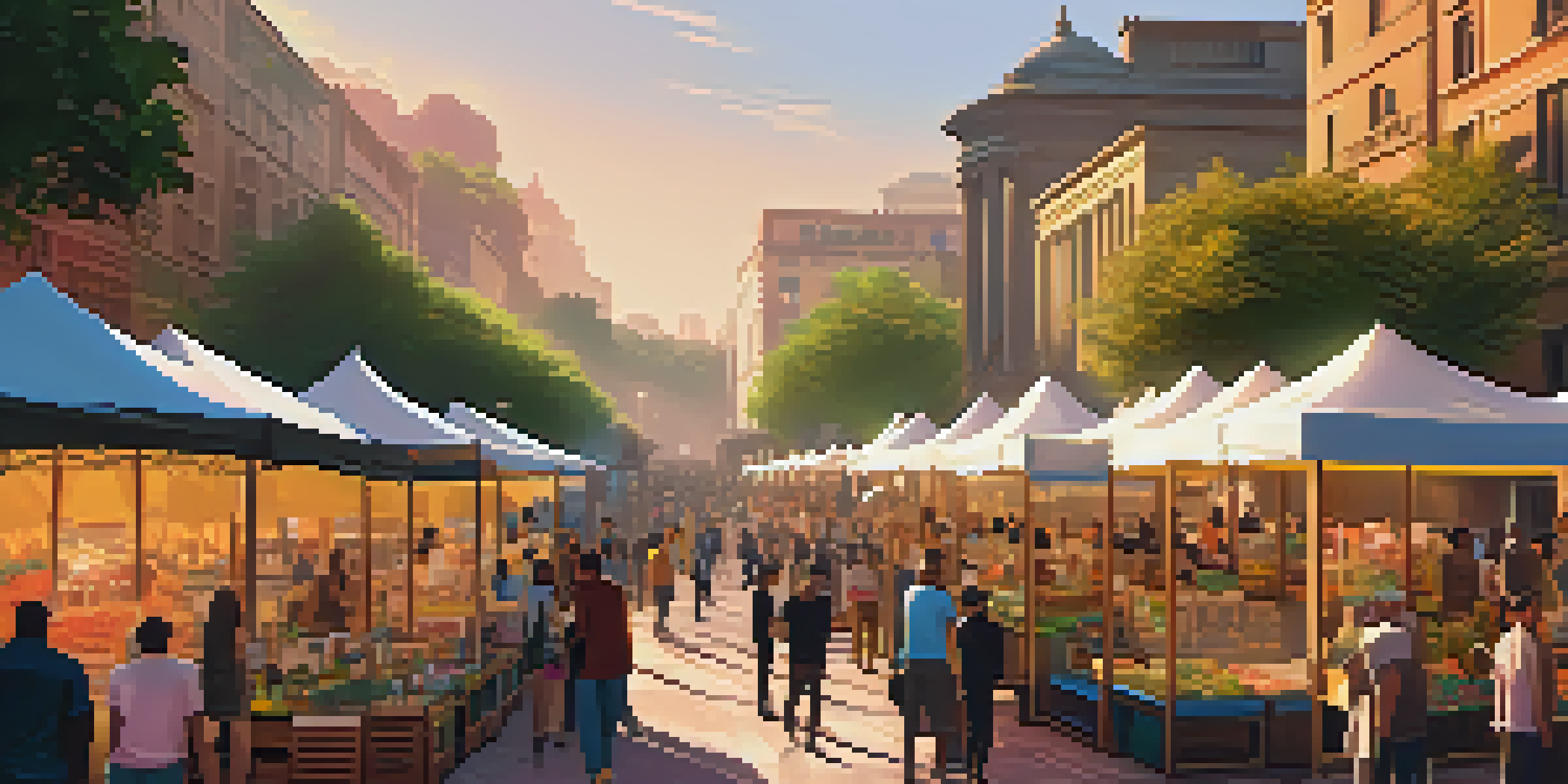 A lively art market with artists and collectors interacting, surrounded by colorful digital artworks and greenery, illuminated by sunset light.