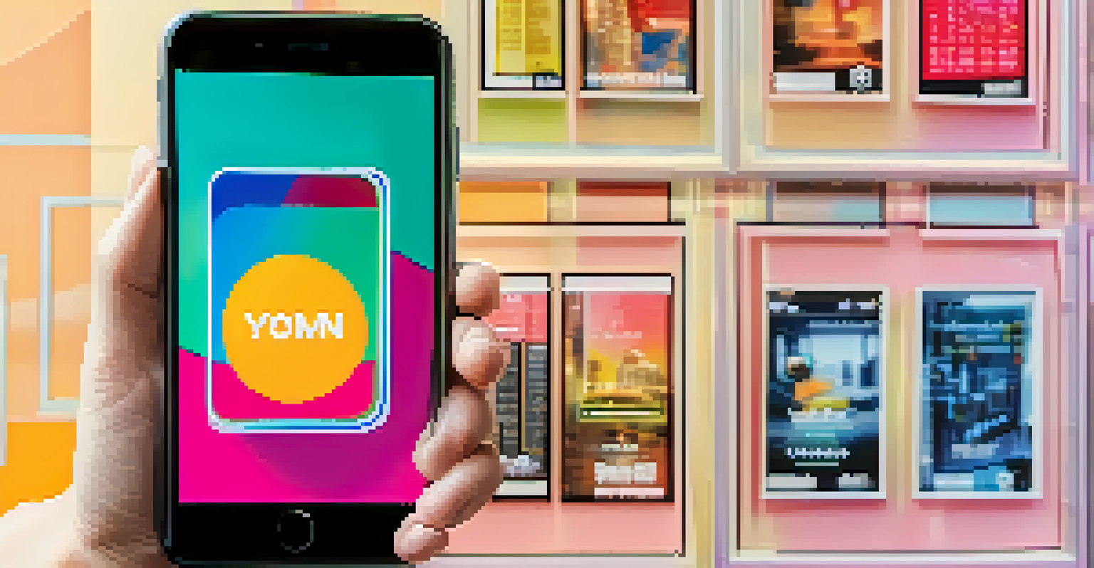 A close-up of a hand holding a smartphone with an NFT marketplace app showing vibrant artworks.