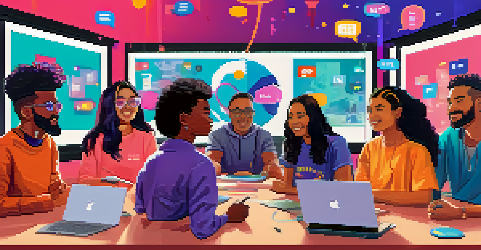 An animated digital community meeting with avatars discussing NFTs against a backdrop of colorful art pieces.
