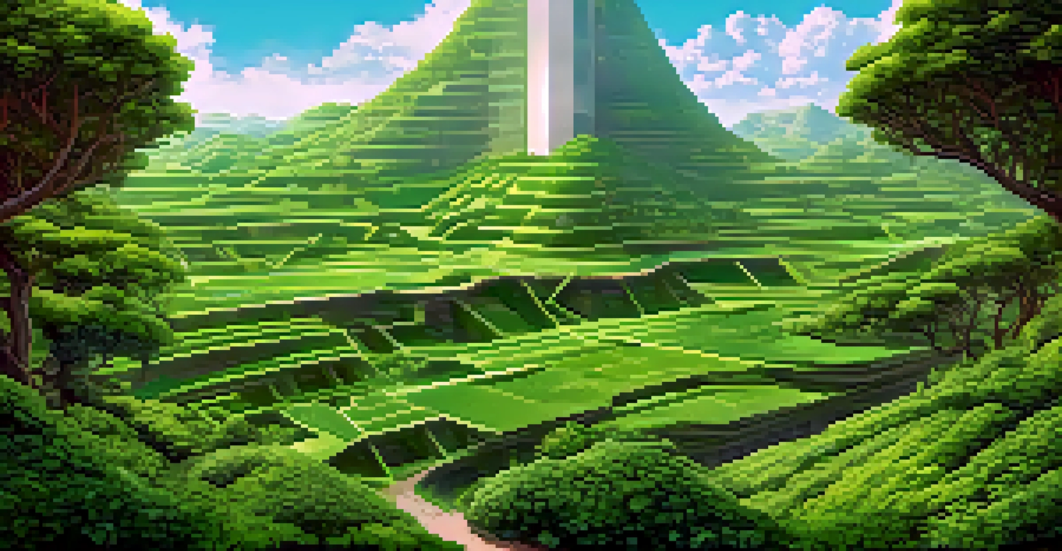 A digital artwork showcasing a green landscape intertwined with blockchain elements, emphasizing sustainability.