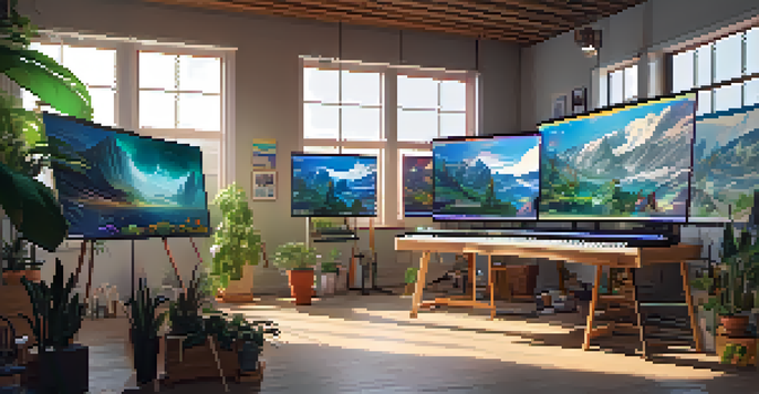 A bright digital art studio showcasing colorful NFT artworks on screens and canvases, illuminated by natural light with plants and art supplies.