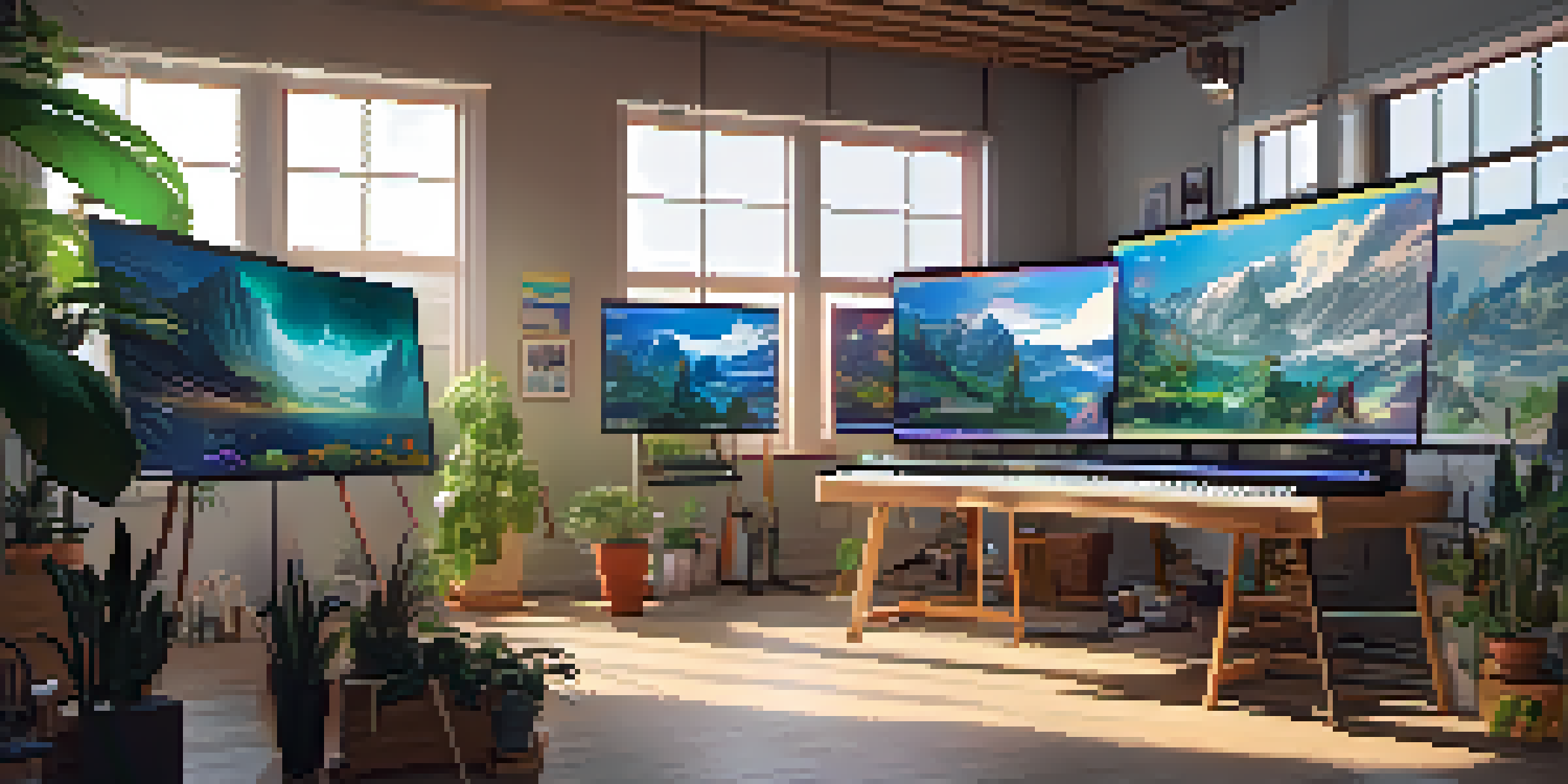 A bright digital art studio showcasing colorful NFT artworks on screens and canvases, illuminated by natural light with plants and art supplies.