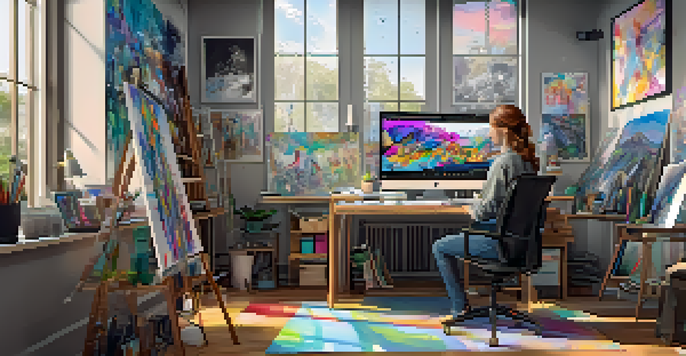 A digital art studio with an artist working on an NFT artwork, surrounded by colorful art pieces and tools.