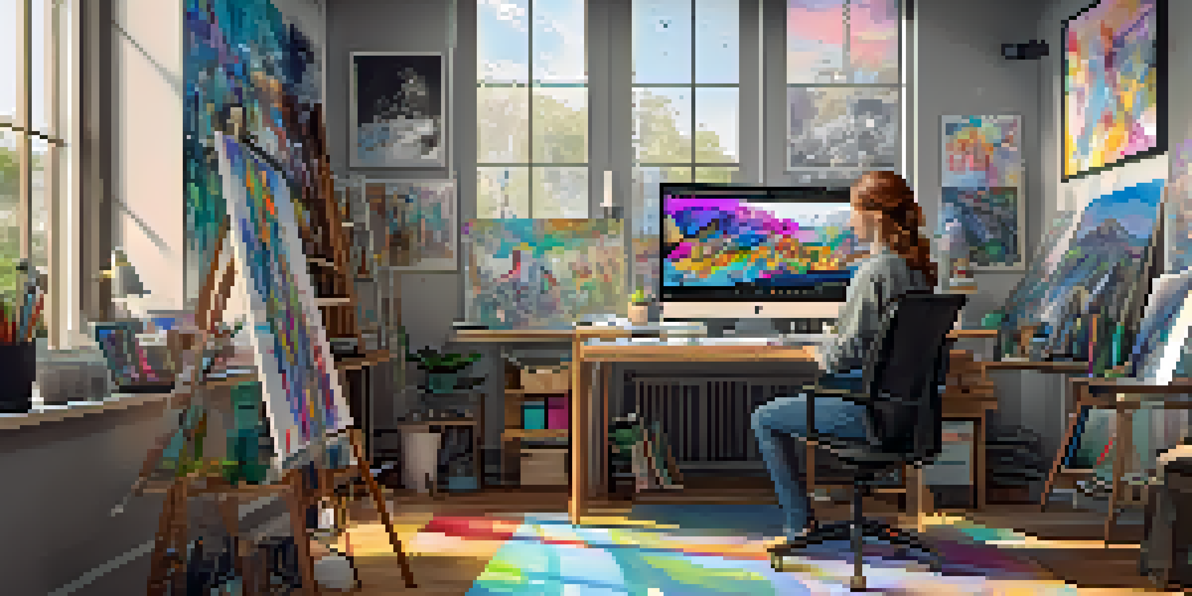 A digital art studio with an artist working on an NFT artwork, surrounded by colorful art pieces and tools.