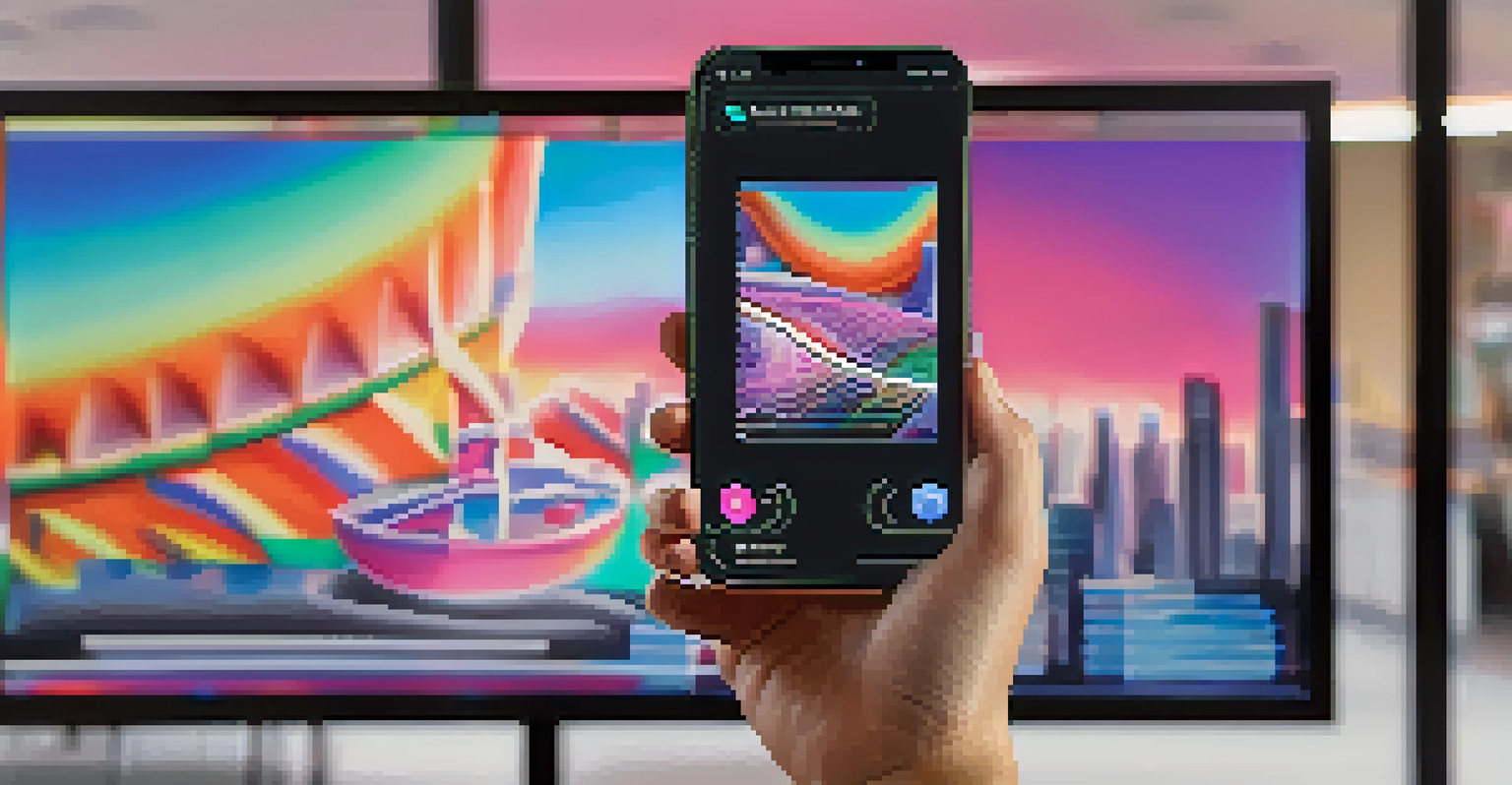 A hand holding a smartphone showing a vibrant digital NFT artwork in a modern office setting.