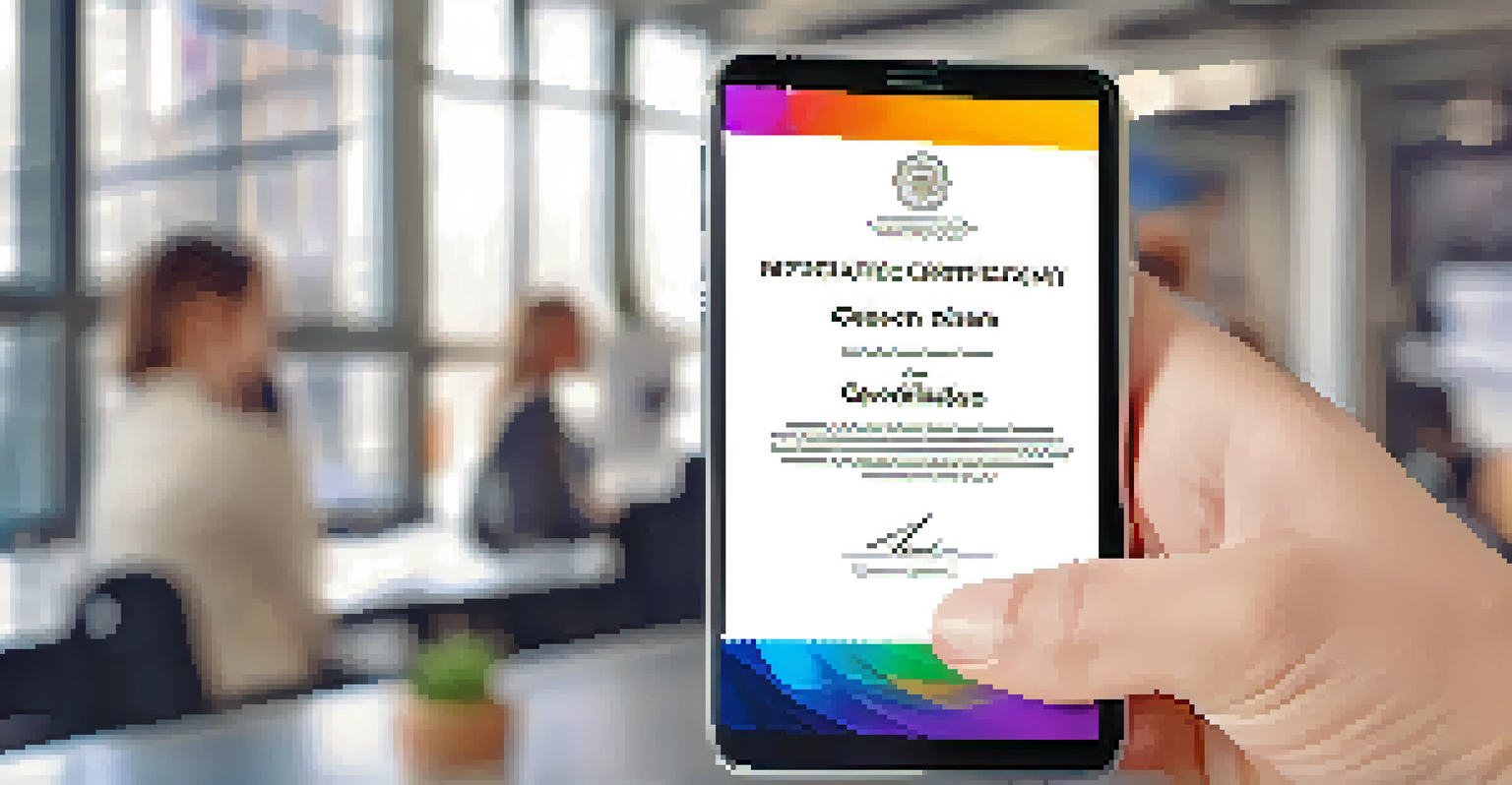 A close-up of a hand holding a smartphone showing an NFT certificate, set against a blurred modern office environment.