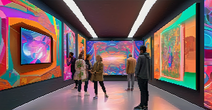 A digital art gallery showcasing unique NFTs with visitors interacting and discussing the art in a vibrant, well-lit space.