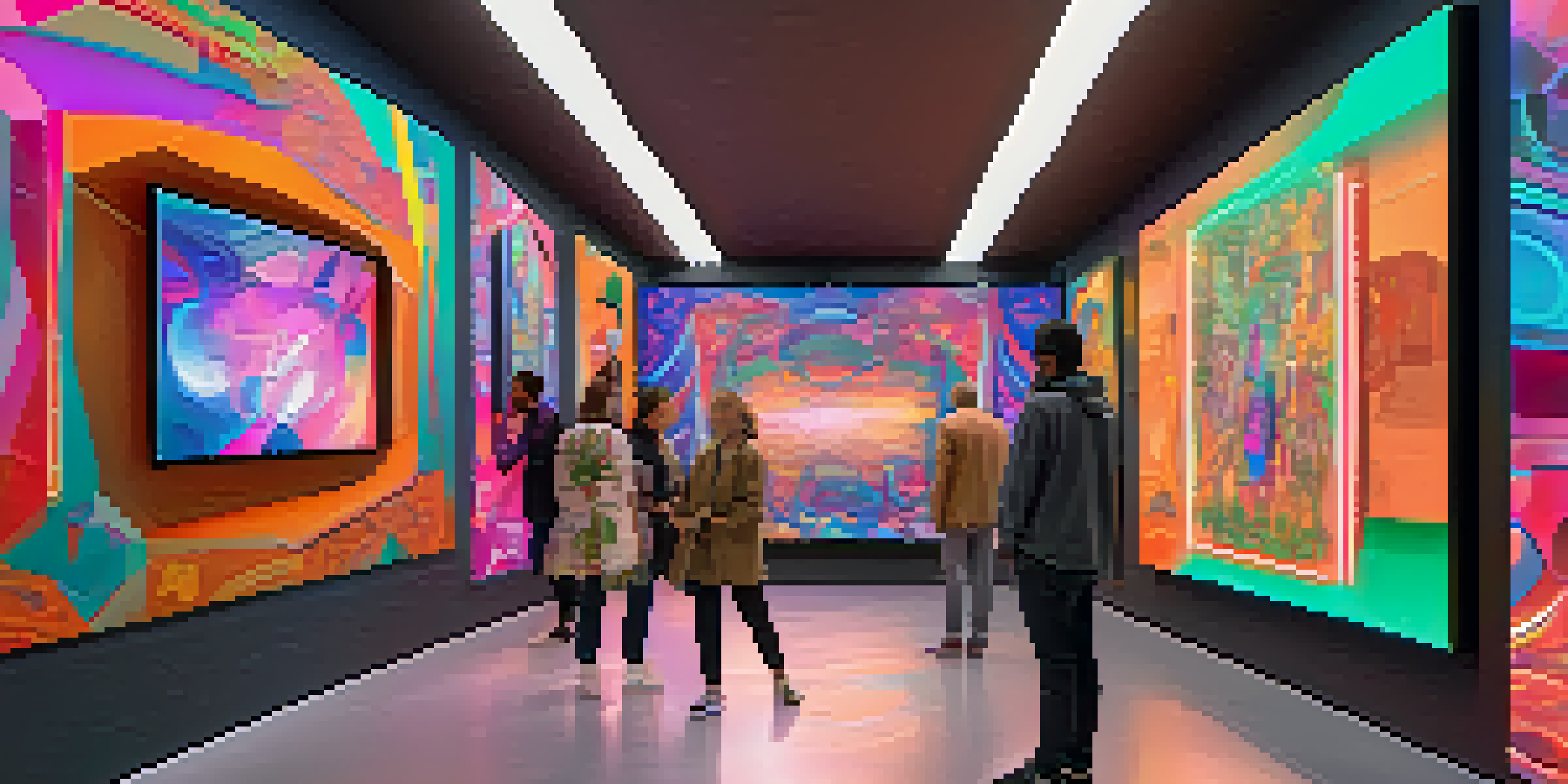 A digital art gallery showcasing unique NFTs with visitors interacting and discussing the art in a vibrant, well-lit space.