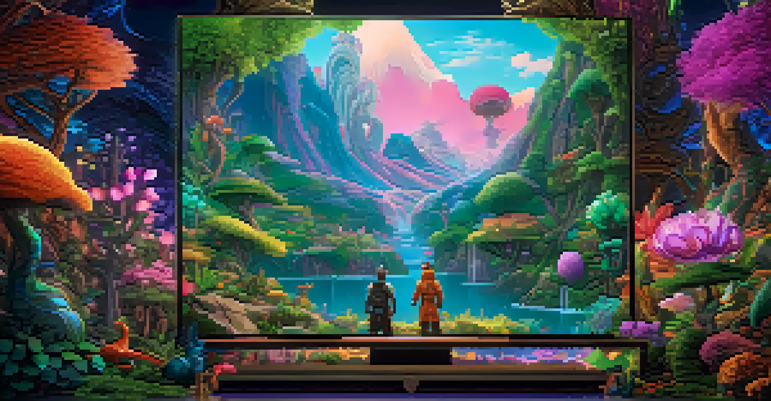 A close-up of a gaming screen featuring an NFT character in a fantastical landscape, showcasing vibrant colors and intricate designs.