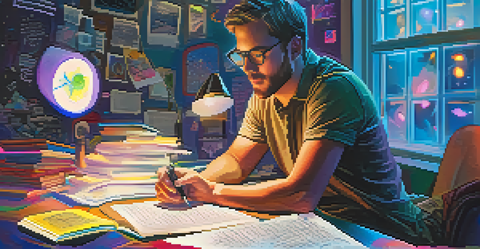 An author at a desk, surrounded by sketches and digital tokens, representing creativity and brainstorming.