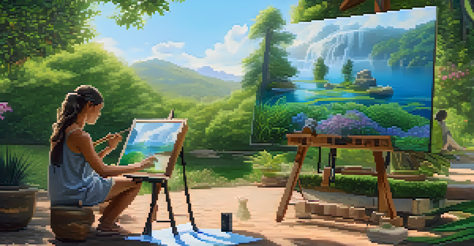 An artist painting outdoors with a holographic display of a 3D NFT next to them, surrounded by vibrant greenery and natural light.