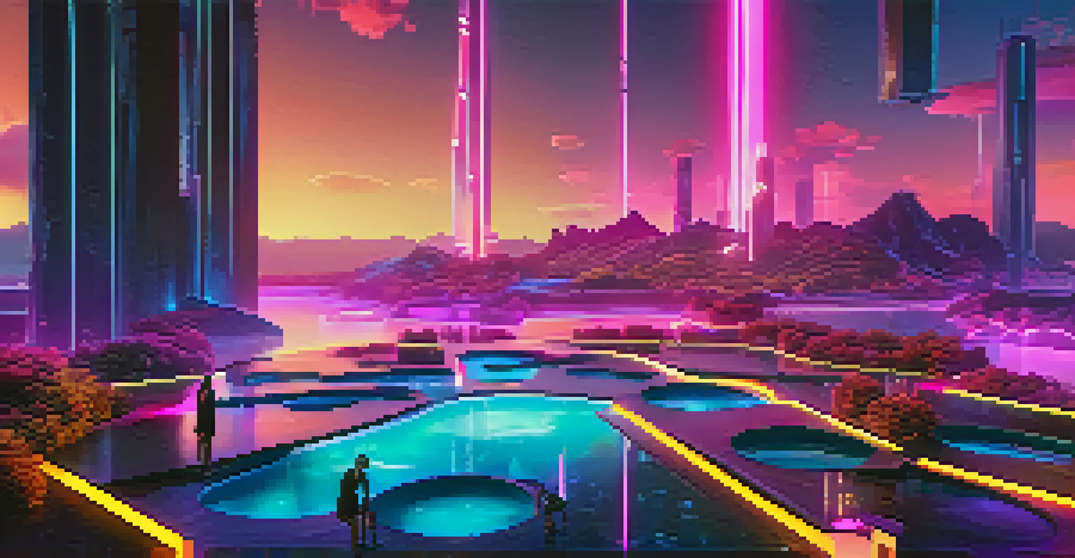 A futuristic 3D digital landscape with floating islands and vibrant neon colors.
