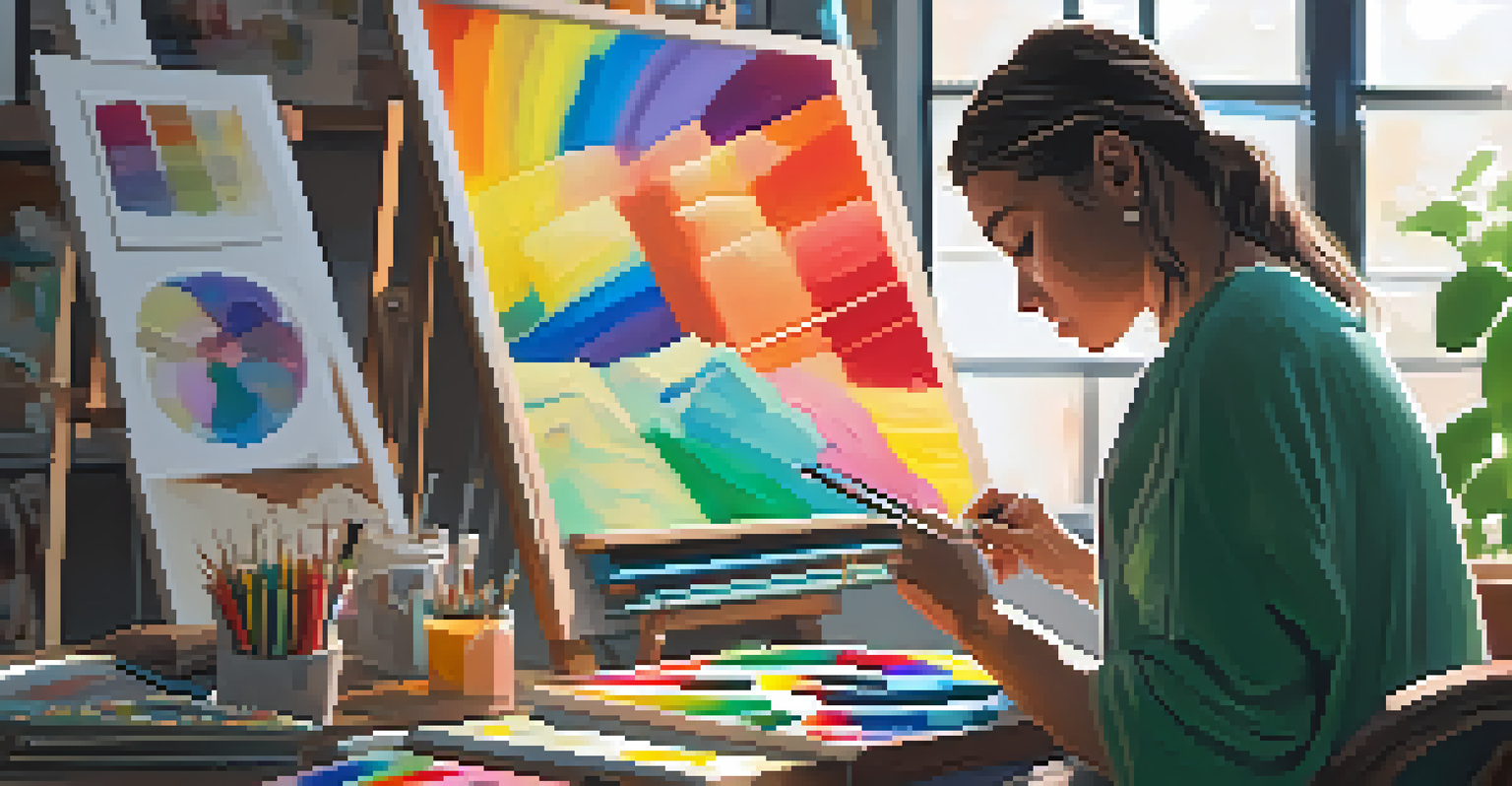 An artist working on a digital painting in a cozy studio filled with art supplies and warm sunlight.