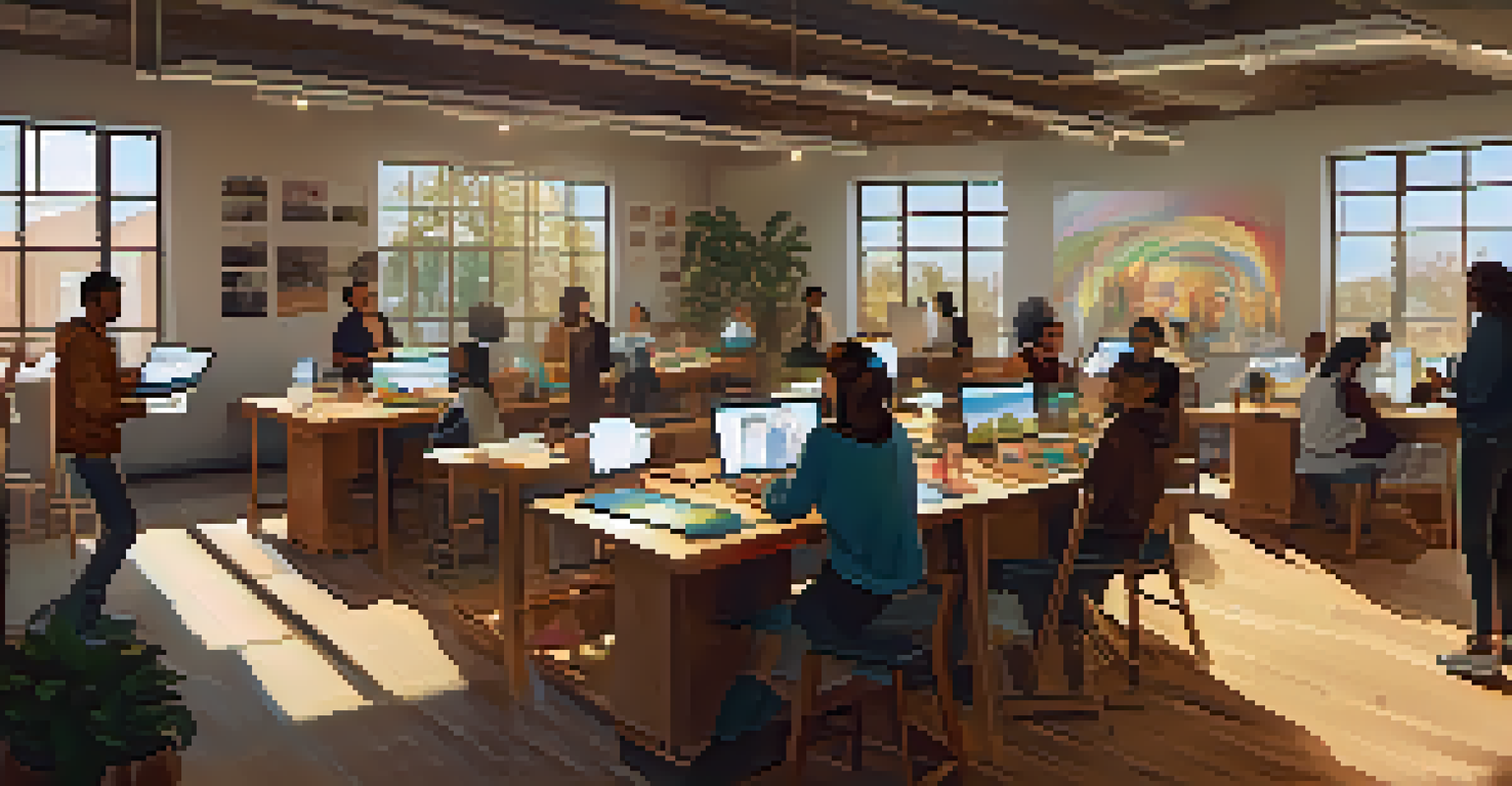 A workshop where diverse community members are creating NFTs, surrounded by art supplies and digital devices in a bright setting.