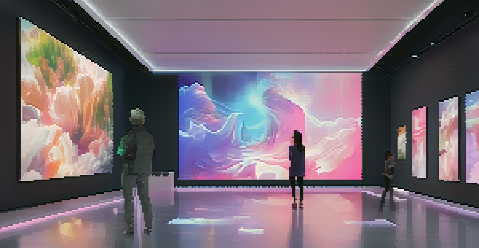 A digital art gallery with avatars admiring floating artworks, illuminated by colorful lighting effects, creating an engaging atmosphere.