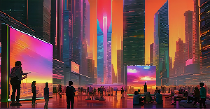 A colorful futuristic city with people using holographic displays to interact with digital art and NFTs during sunset.