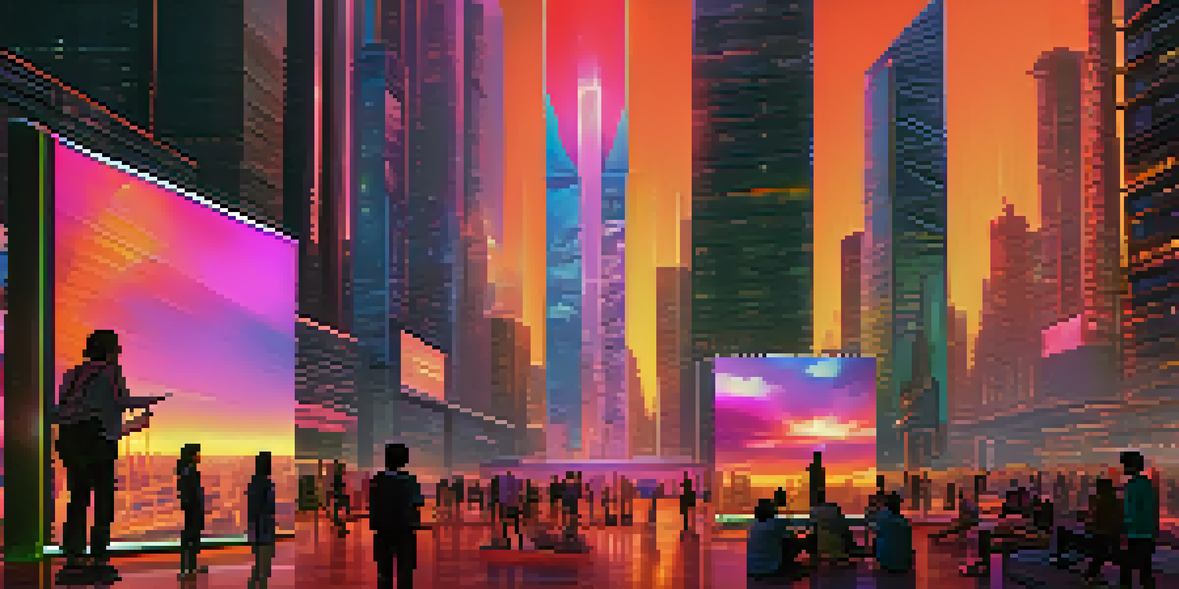 A colorful futuristic city with people using holographic displays to interact with digital art and NFTs during sunset.