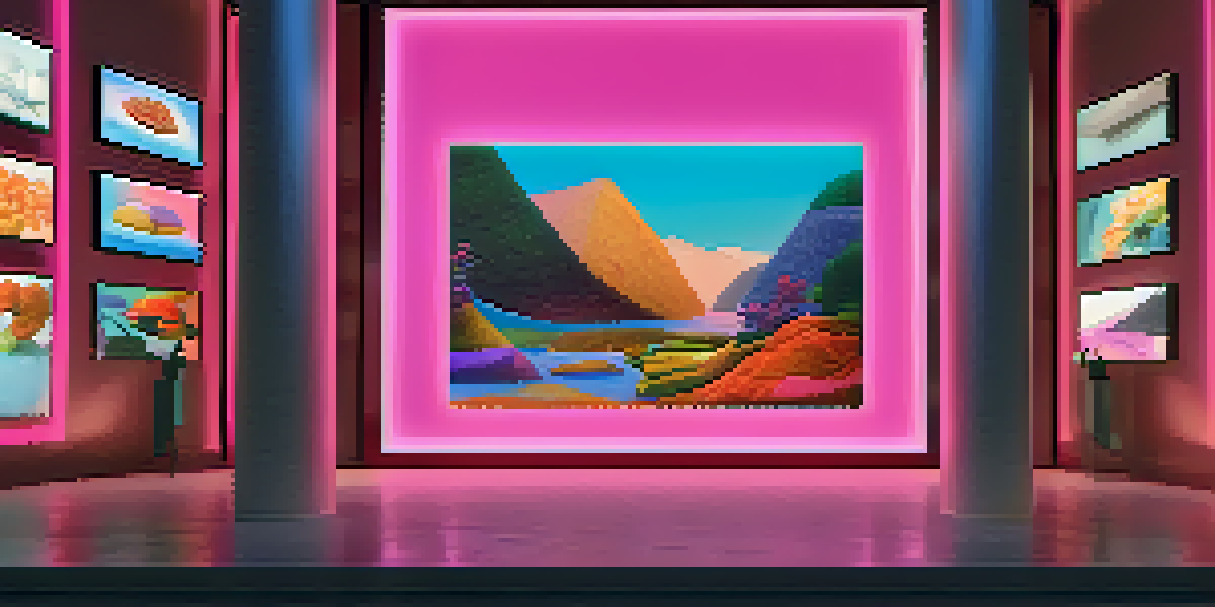 A modern digital art gallery displaying a variety of unique NFTs on digital screens with soft lighting.