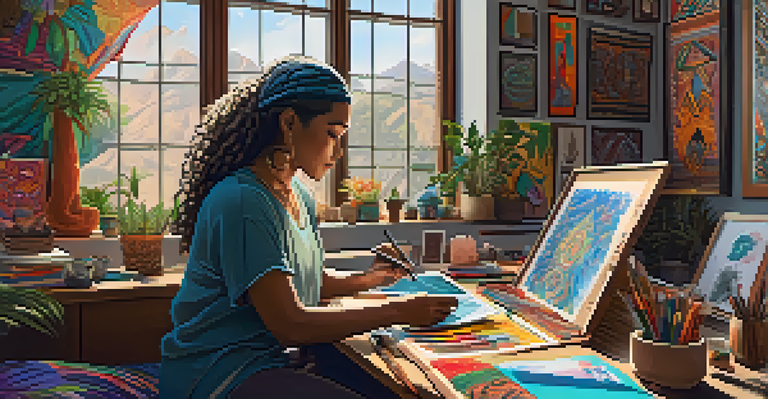An indigenous artist creating a digital NFT artwork on a tablet, surrounded by colorful sketches and art supplies in a sunlit workspace.