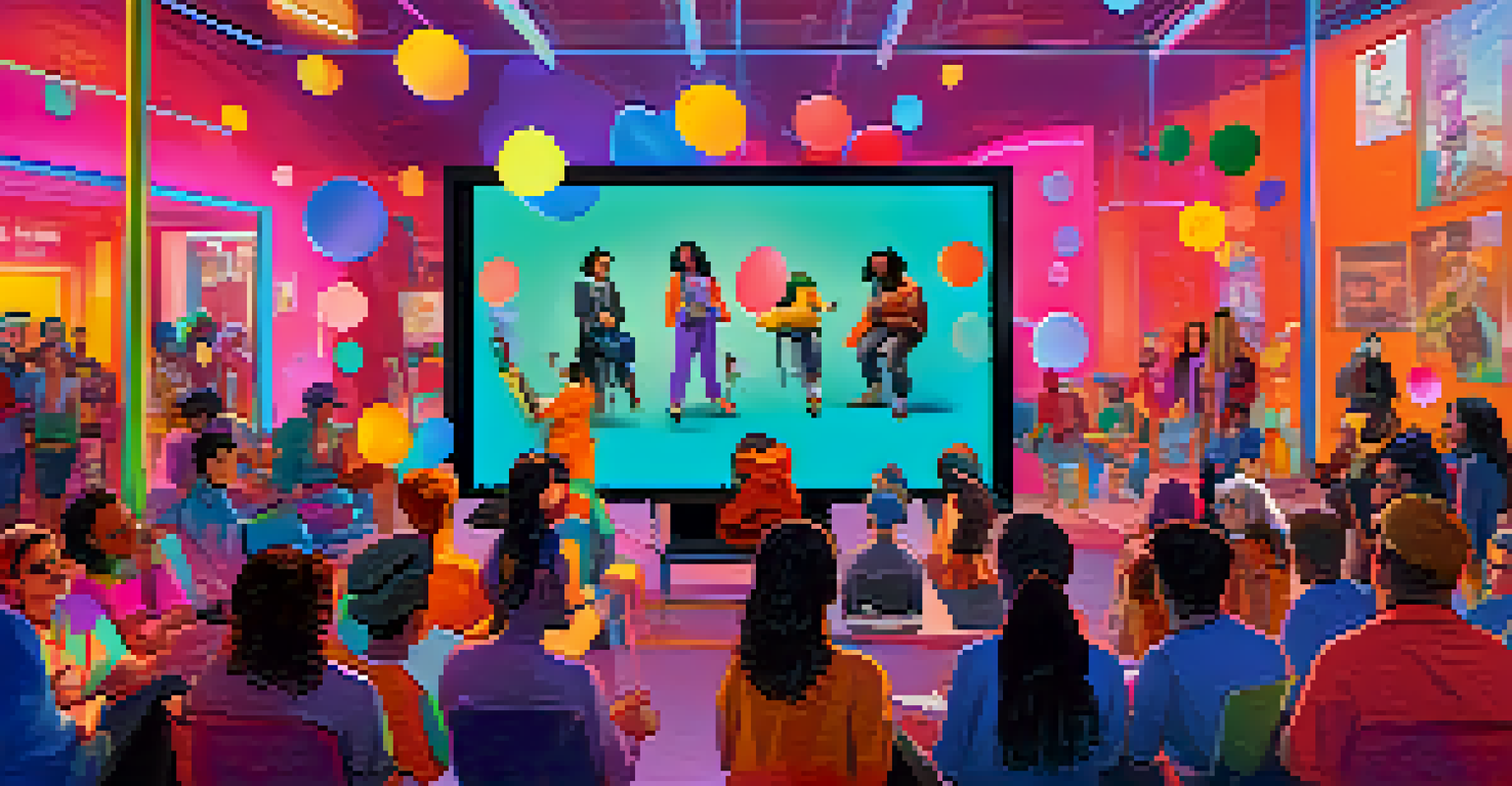 A virtual event featuring artists presenting their NFTs to an online audience, with colorful graphics and digital chat bubbles.