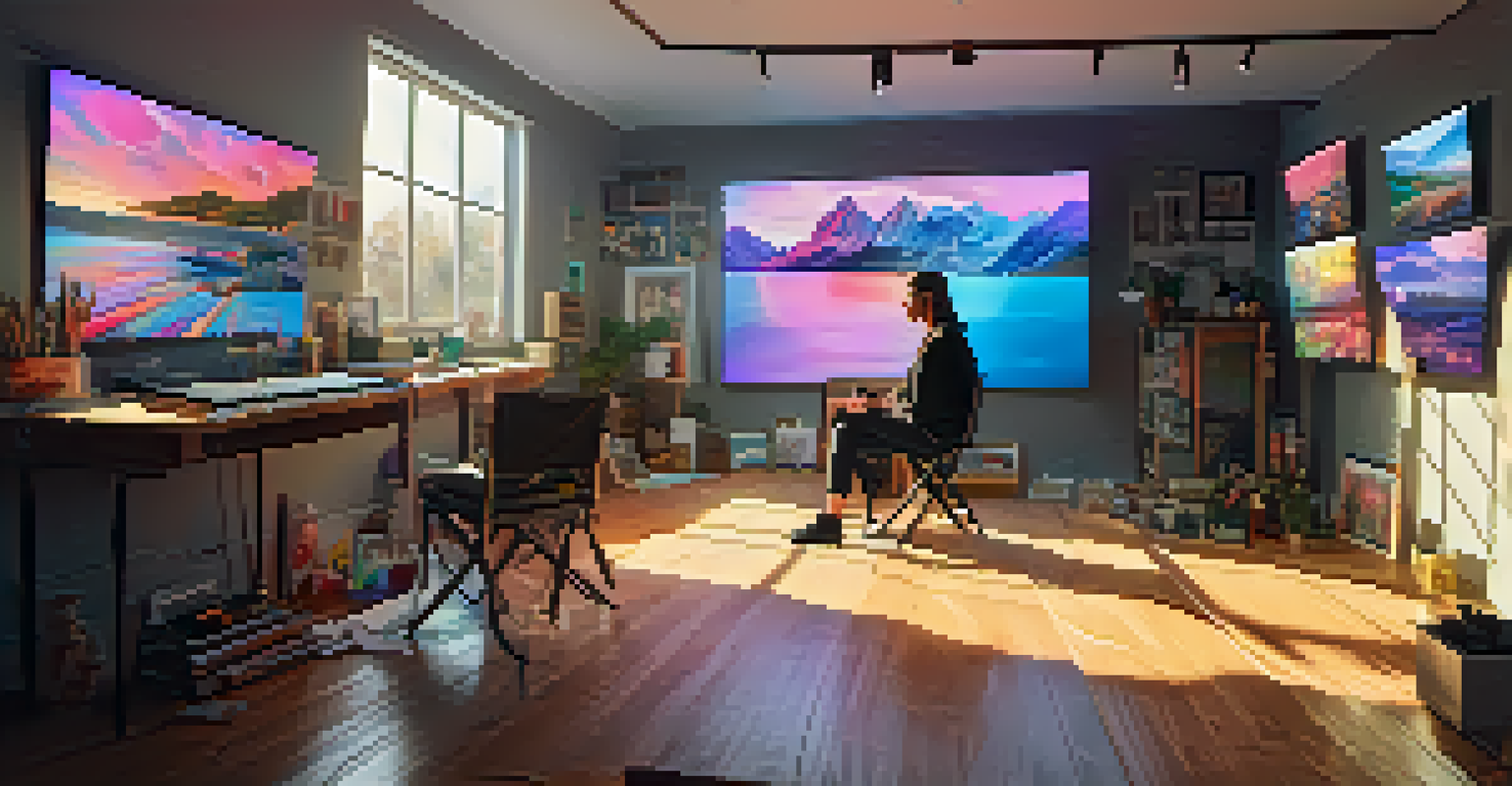 An artist in a cozy studio working on digital screens showcasing their NFT art.