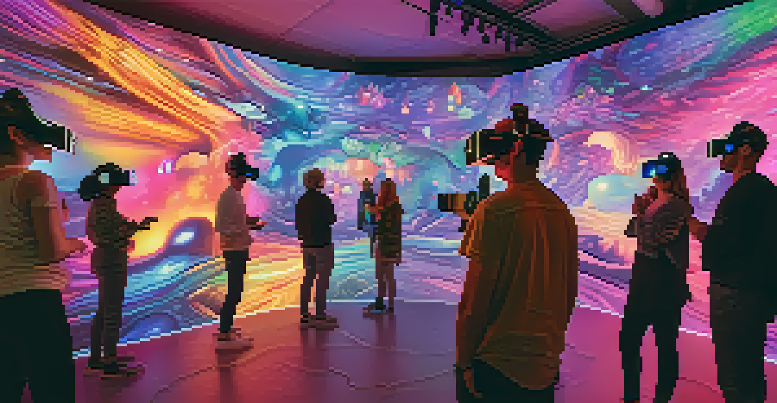 A virtual community gathering with people wearing VR headsets, exploring interactive digital art installations in a colorful environment.