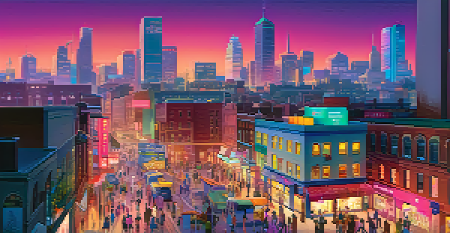 A cityscape at dusk with people engaging in a digital scavenger hunt, surrounded by glowing NFT items.