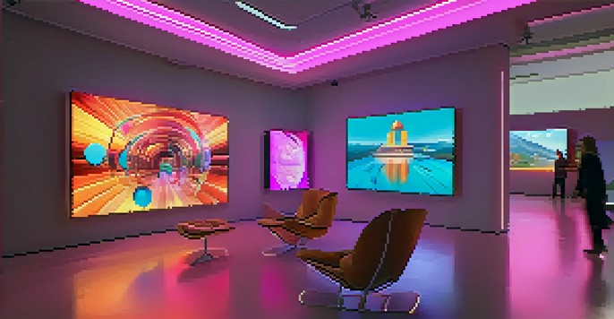 A futuristic gallery filled with vibrant digital artworks displayed on large screens, fans wearing VR headsets, and soft ambient lighting.
