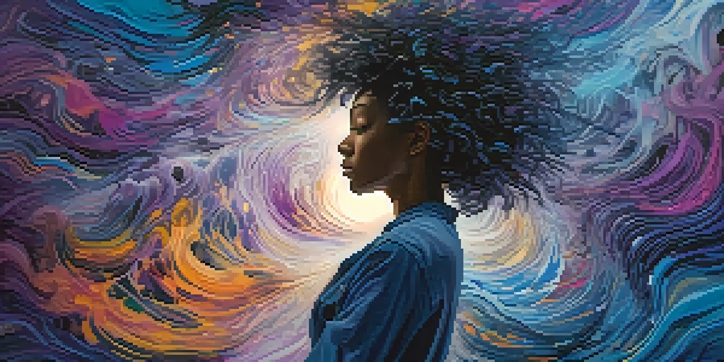 An abstract digital artwork depicting anxiety with chaotic patterns and a central figure, using vibrant blues, purples, and blacks.