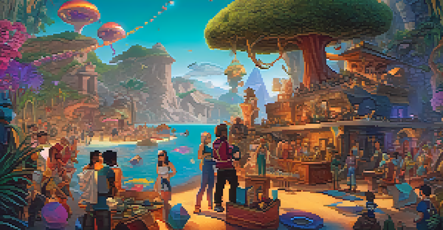 Users in avatars collaborating in a quest to find hidden NFTs in a vibrant virtual landscape.