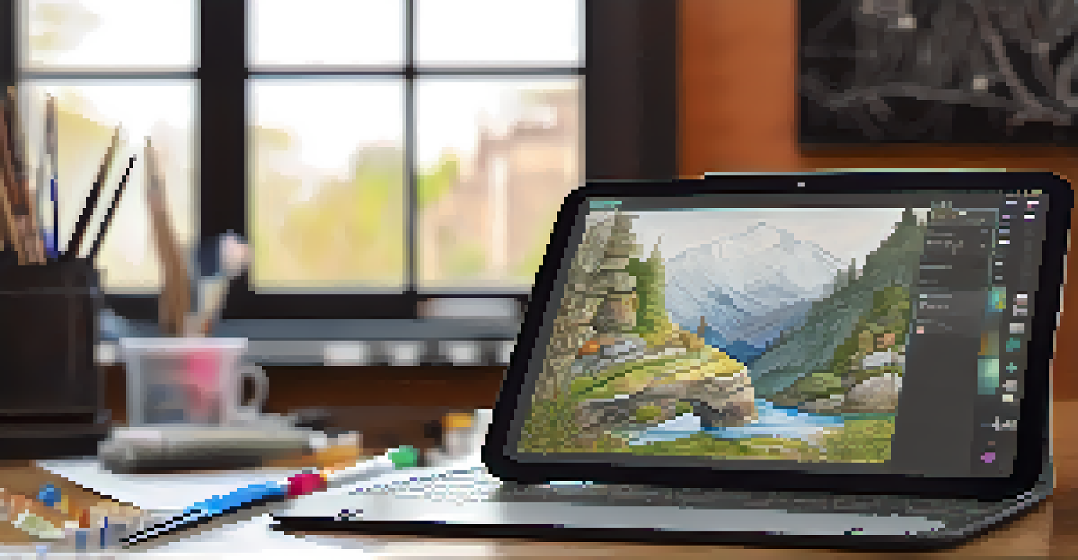 A close-up of an artist's hands on a tablet creating digital artwork in a well-lit workspace.