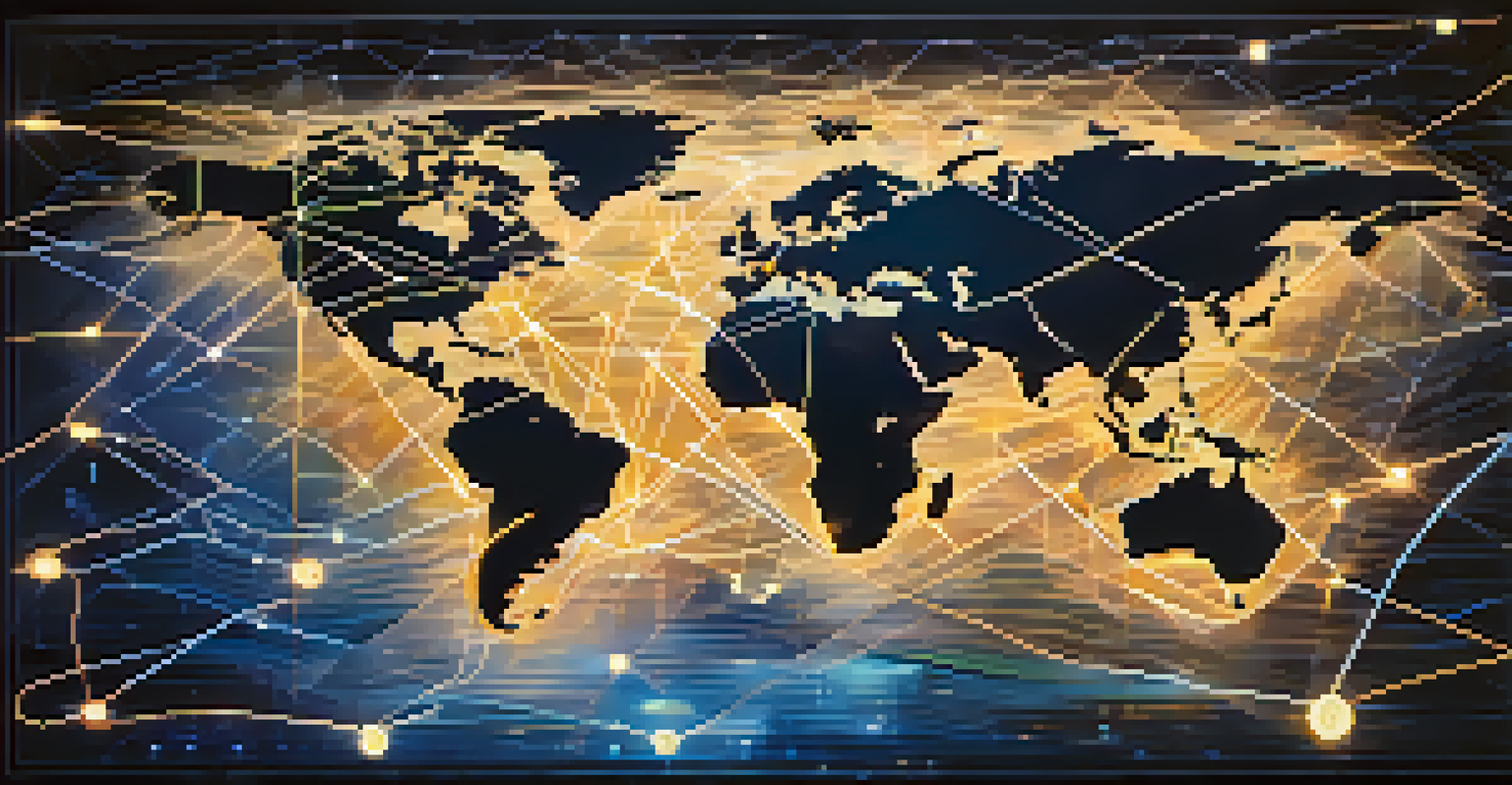 A global map showing interconnected lines and floating digital artworks representing international NFT transactions.