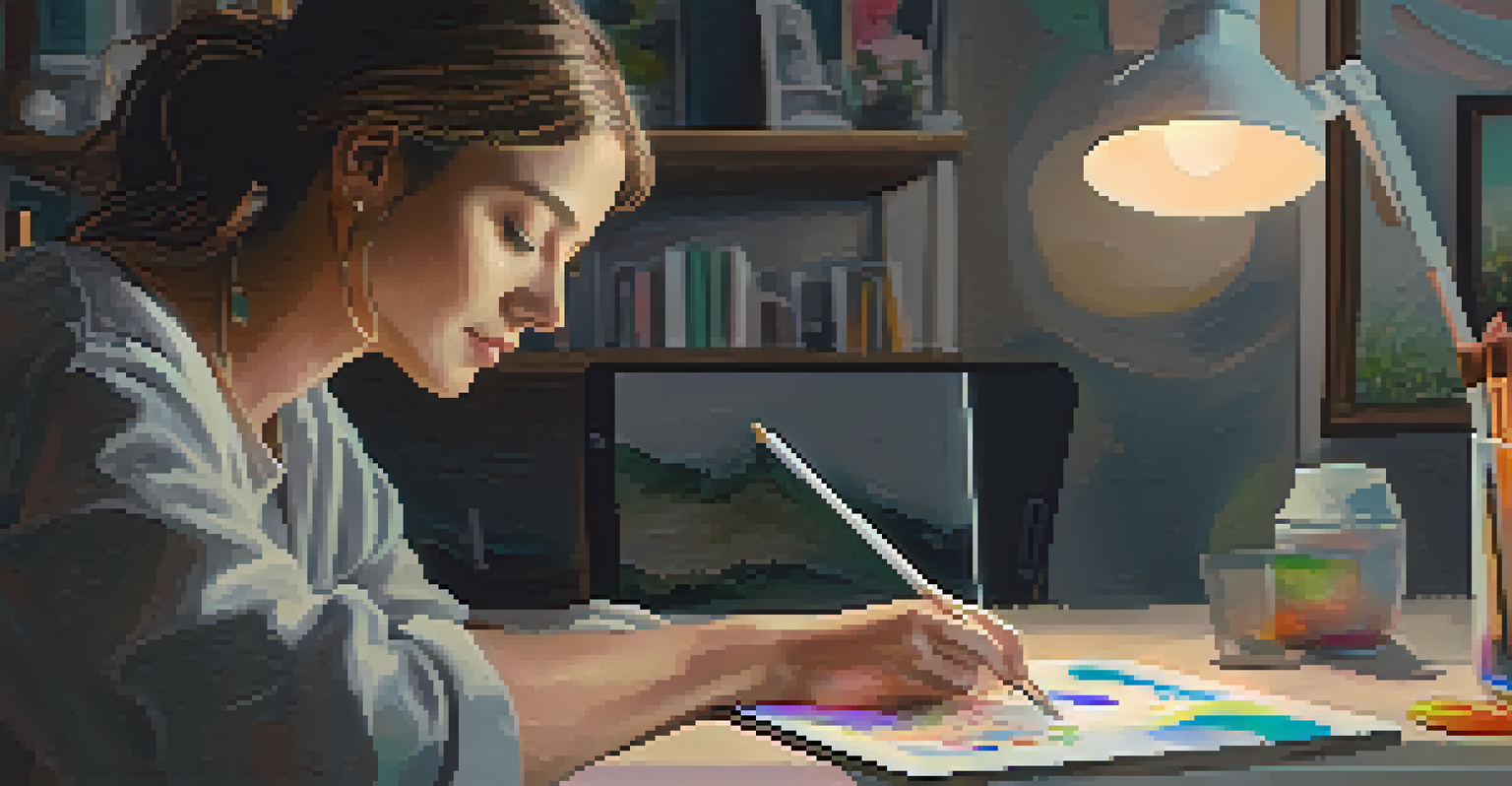 An artist creating a digital artwork on a tablet, emphasizing mental health themes in a cozy workspace.