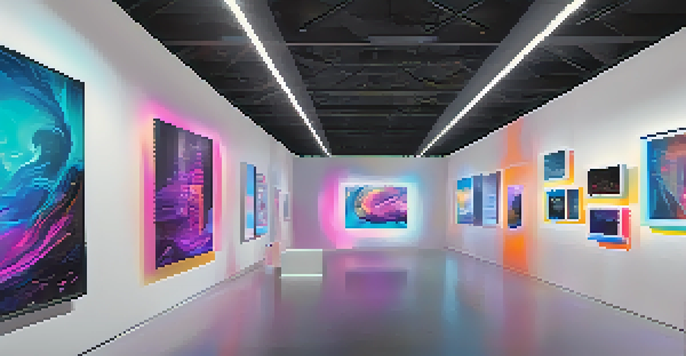 A modern digital art gallery featuring colorful NFT artworks on screens, with visitors exploring the displays in a softly lit environment.