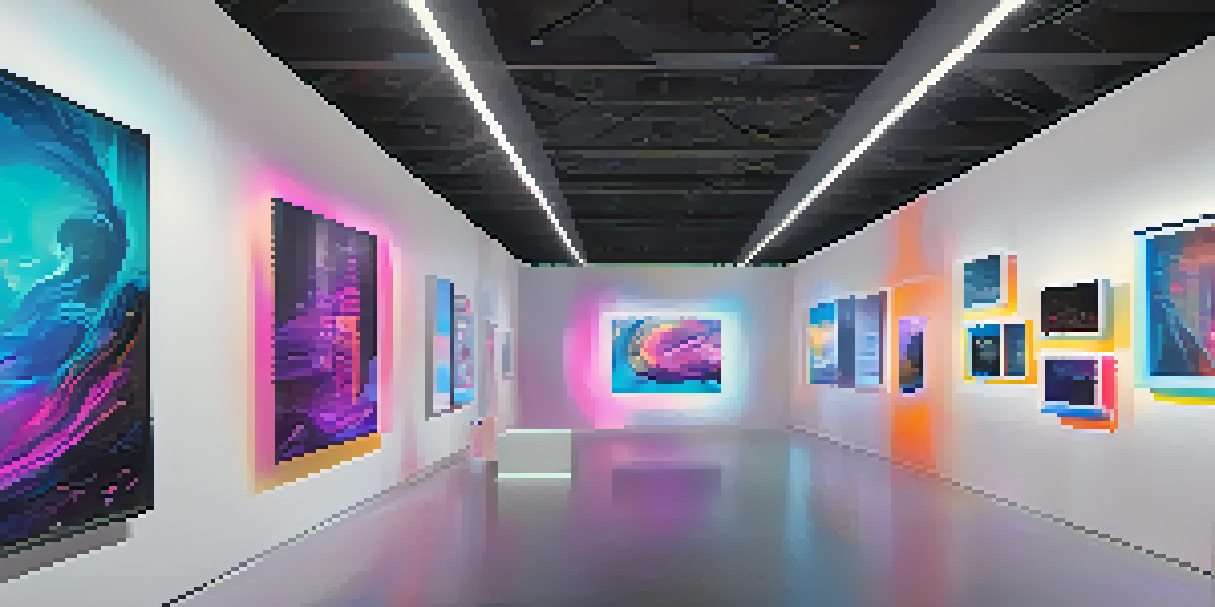 A modern digital art gallery featuring colorful NFT artworks on screens, with visitors exploring the displays in a softly lit environment.