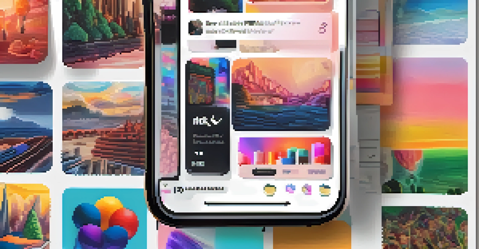 A smartphone displaying a trending NFT collection on social media, surrounded by a cozy artist's workspace.