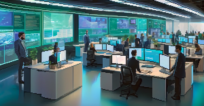 A modern office environment where diverse professionals discuss NFTs and blockchain technology, with digital displays in the background.