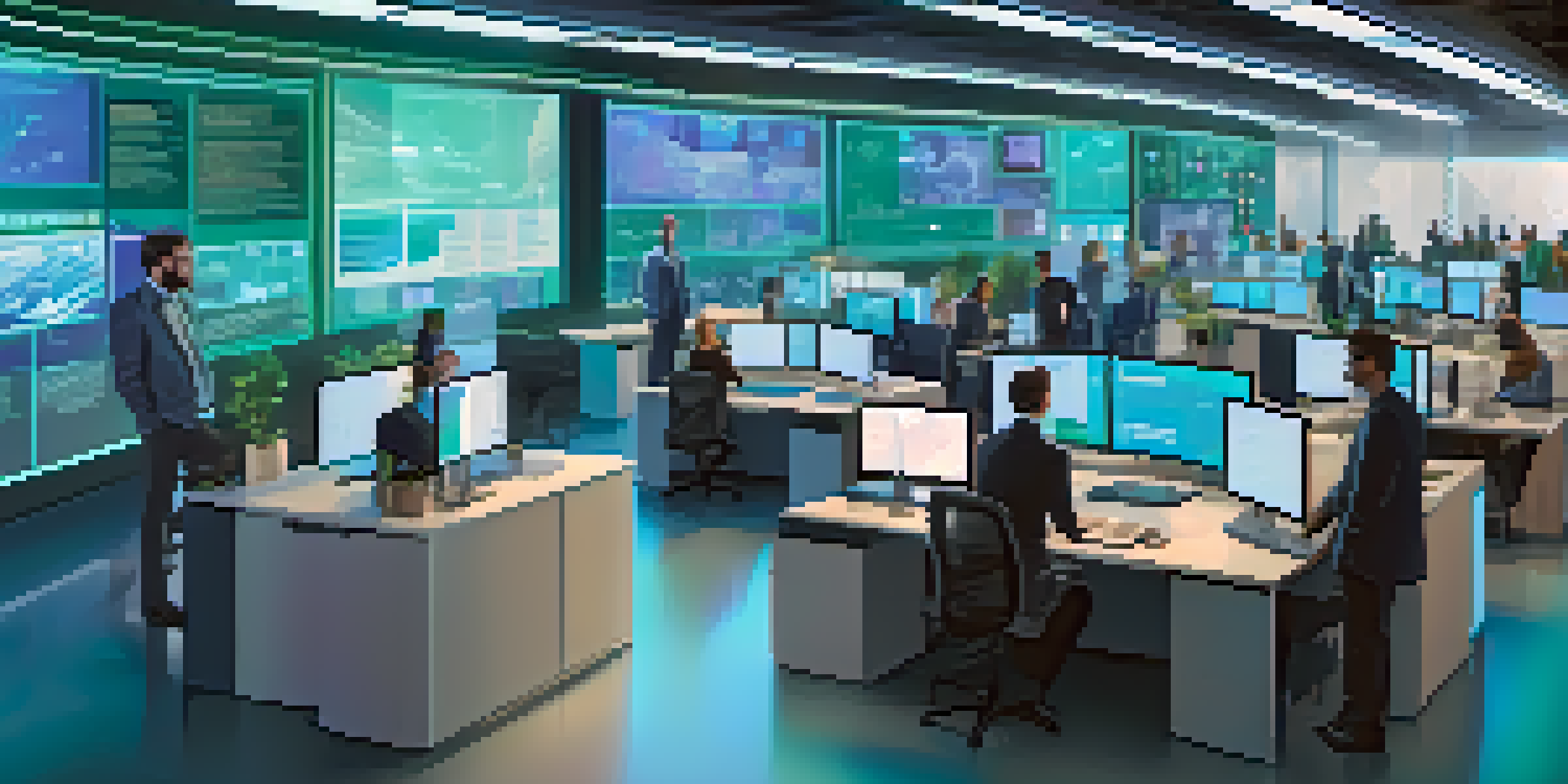 A modern office environment where diverse professionals discuss NFTs and blockchain technology, with digital displays in the background.