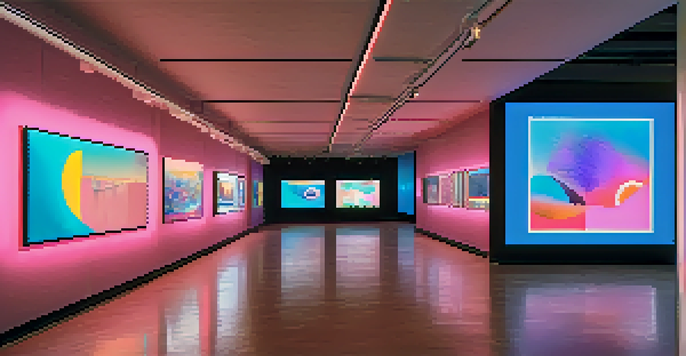 A digital art gallery filled with colorful NFT artworks displayed on modern screens. Diverse visitors engage with the art in a softly lit environment.