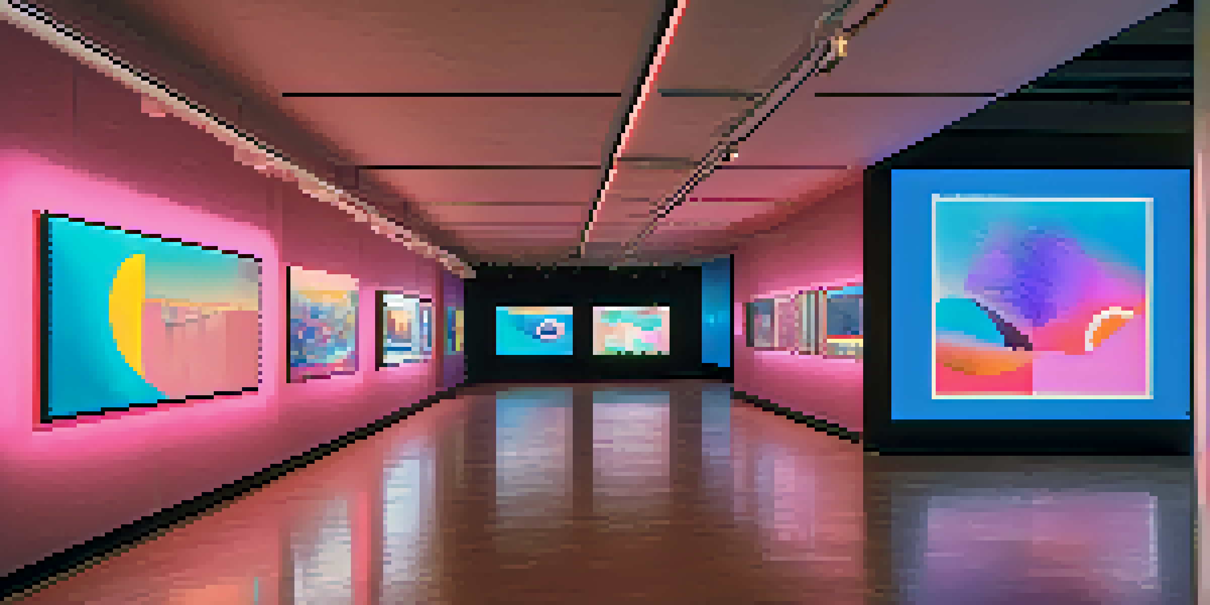 A digital art gallery filled with colorful NFT artworks displayed on modern screens. Diverse visitors engage with the art in a softly lit environment.
