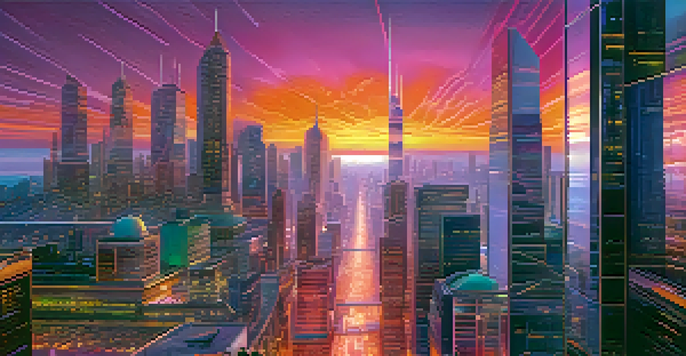 A futuristic cityscape at sunset, with tall buildings and a colorful sky filled with oranges, pinks, and purples.