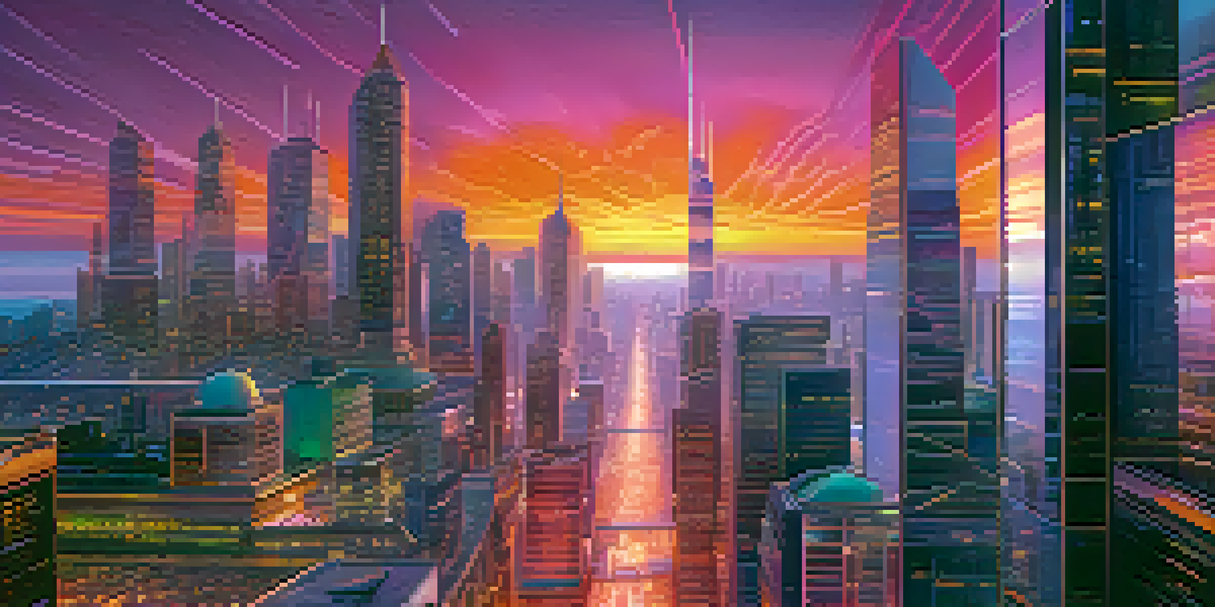A futuristic cityscape at sunset, with tall buildings and a colorful sky filled with oranges, pinks, and purples.