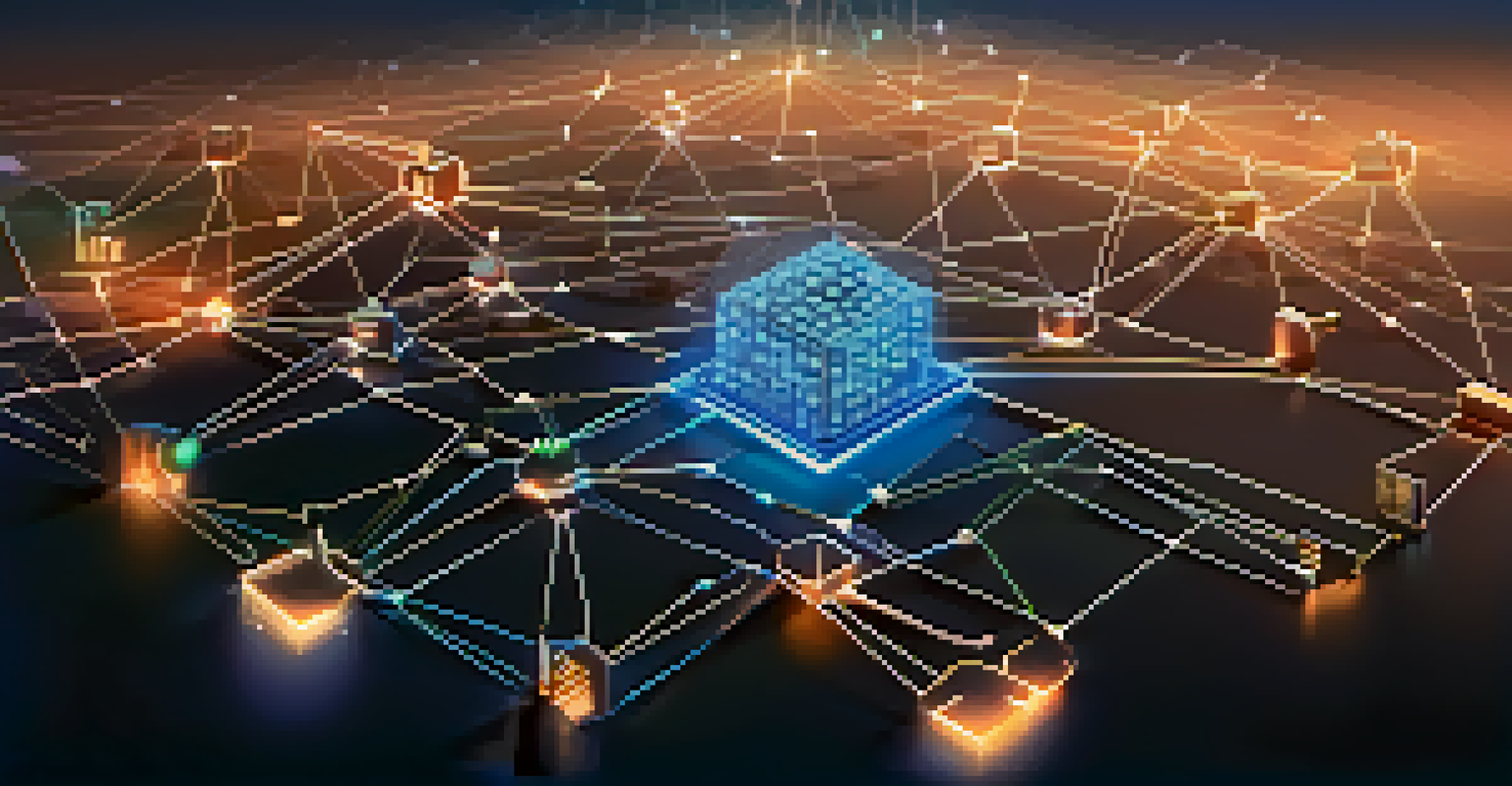 An artistic depiction of a blockchain network with glowing interconnected nodes containing miniature digital assets, set against a deep blue gradient background.