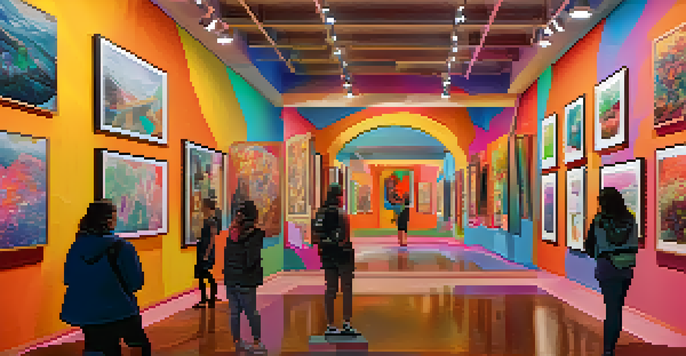 A digital art gallery displaying unique NFTs with colorful abstract designs and people admiring the artwork.