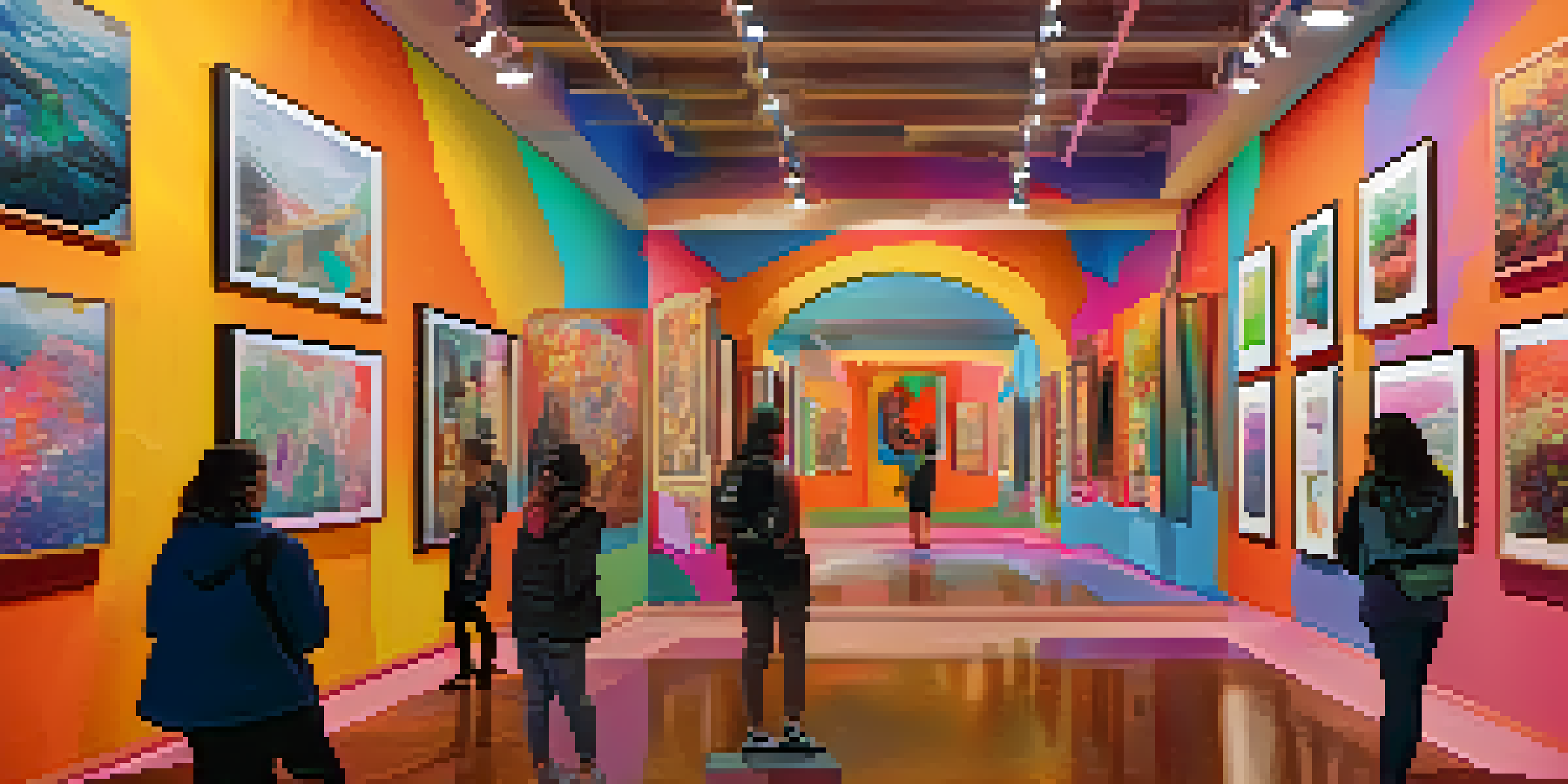 A digital art gallery displaying unique NFTs with colorful abstract designs and people admiring the artwork.