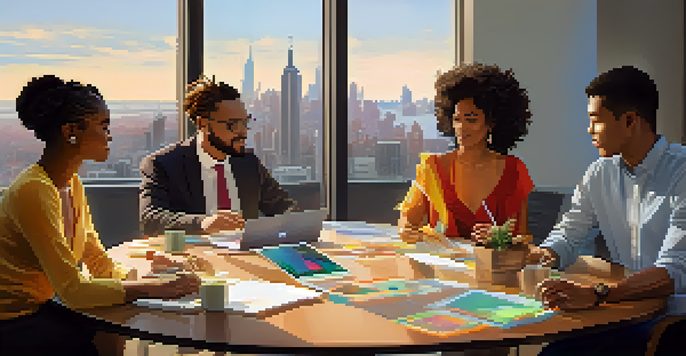 A diverse group of people discussing around a table in a modern office, symbolizing collaboration in a DAO.