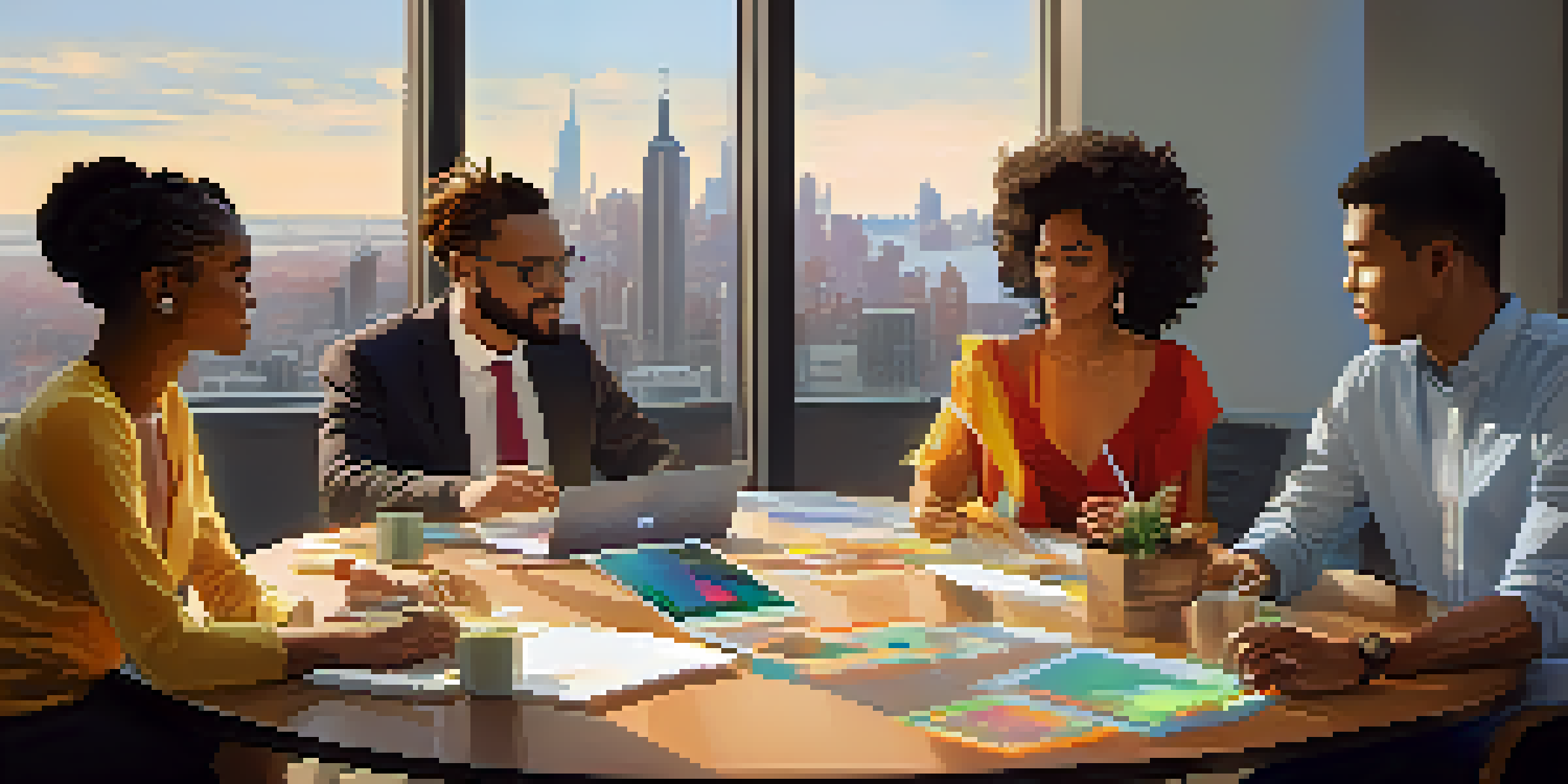 A diverse group of people discussing around a table in a modern office, symbolizing collaboration in a DAO.